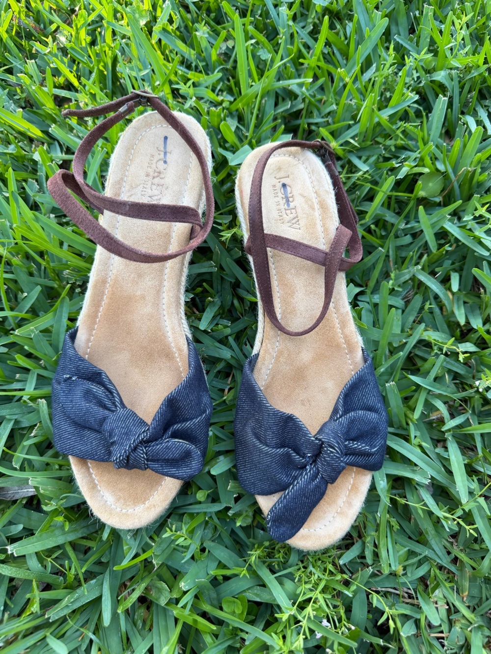 J.Crew St Tropez Denim Bow Jute Espadrille Wedge Sandals Size 8 Boho Coastal